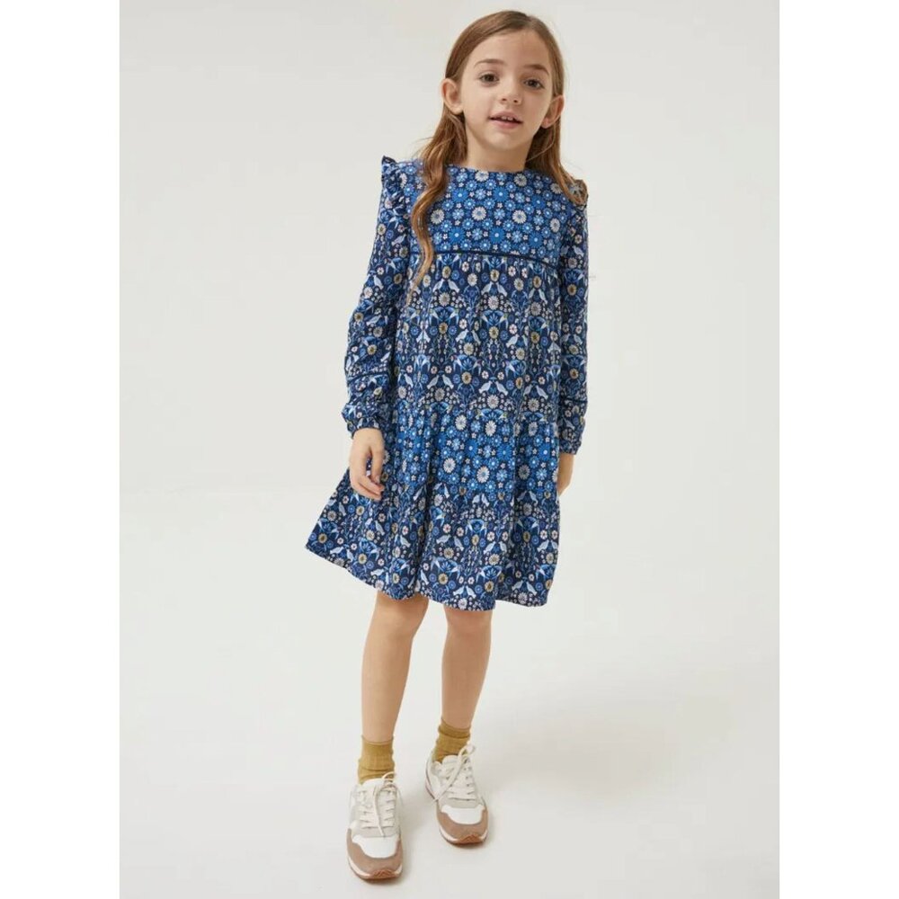 FATFACE Young Crew Grace Floral And Bird Print Dress Blue 12-13